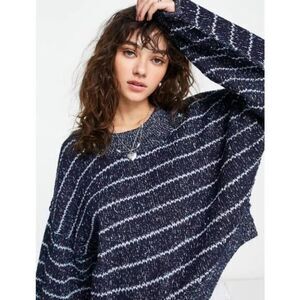 NWOT Free People Starlight Oversized Striped cotton blend Sweater, Blue, XS‎